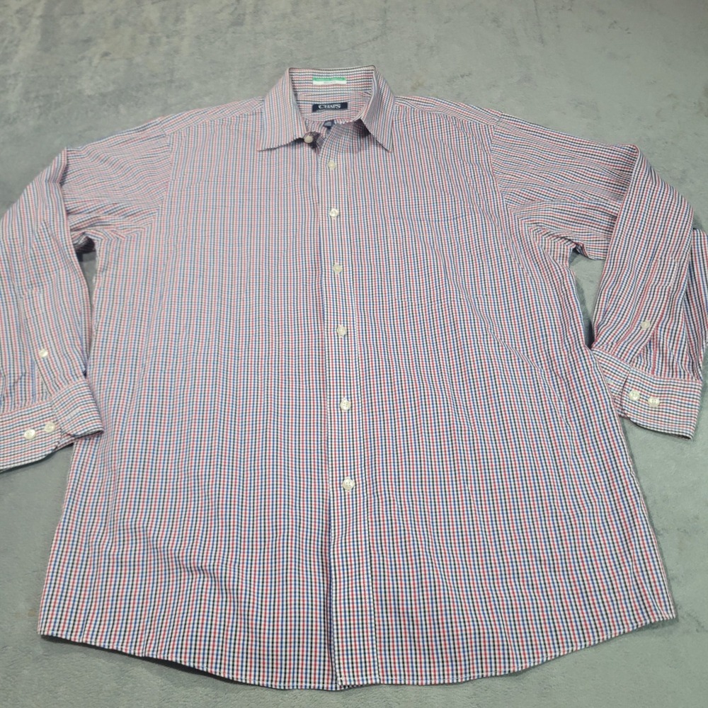 Chaps Button Down Shirt Mens 16.5 32/33 Red Blue Check Regular Fit Wrinkle Free